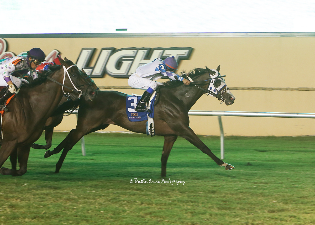 UNRESTRICTED SHOWS GREAT LATE KICK TO WIN TURF FEATURE AT REMINGTON PARK